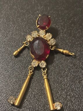 Gold-Tone Red Crystal Doll Robot Brooch with Clear Rhinestones